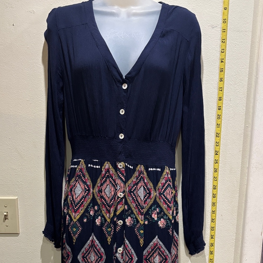 Aqua Navy and Pink Patterned Long Sleeve Dress